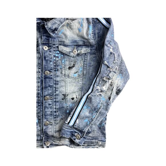 Jordan Craig Paint Splashed Distressed Denim Jacket Men's Large - Picture 4 of 5